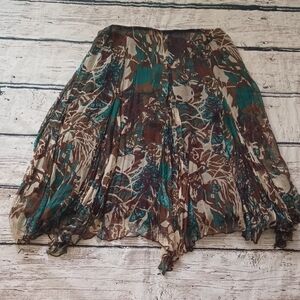 Karen Kane Brown Teal Abstract Print Silk A Line Skirt 10